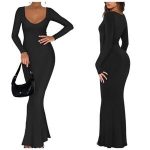 Women's Sexy Crew Neck Lounge Long Dress Elegant Long Sleeve Ribbed Maxi Dresses